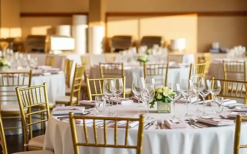Event rentals in Tracy, CA — round banquet tables with linens, chiavari chairs, and glassware by Tracy Catering Company